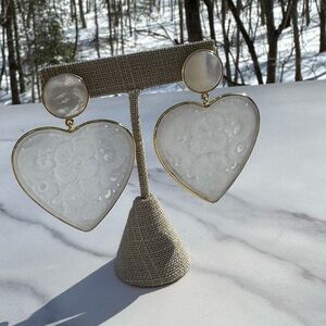 JANE WIN White Love Carved Agate Drop Earrings 14k GF Hearts Mother Of Pearl